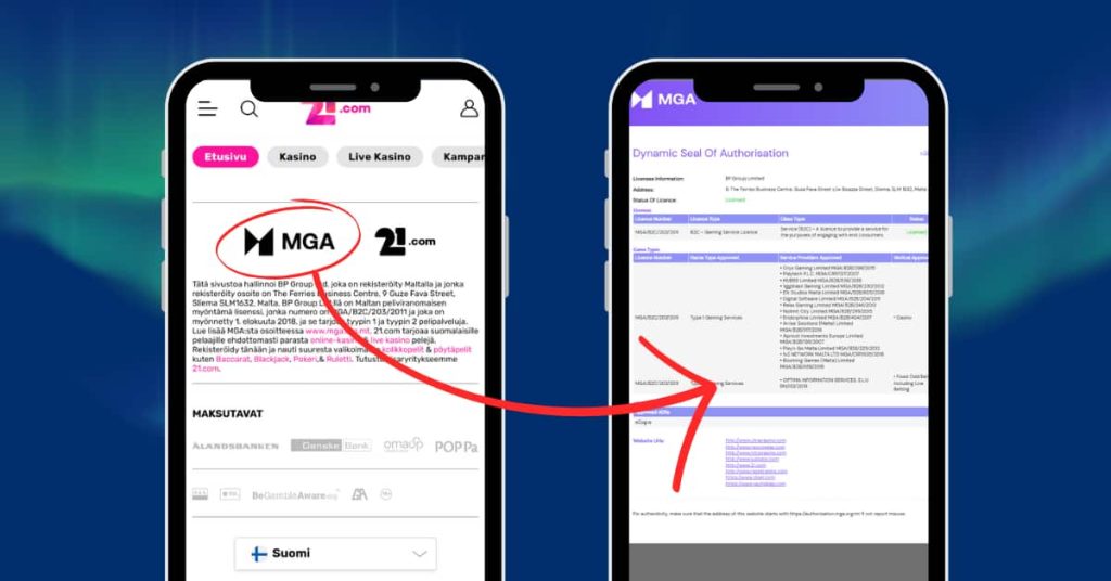 MGA casino lisenssin tiedot avautuvat sen logoa painamalla.